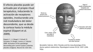 El efecto placebo puede ser
activado por el propio ritual
terapéutico, induciendo la
activación de receptores
opioides, involucrando una
red moduladora del dolor
descendente, que va desde
la corteza hasta la médula
espinal (Eippert et al.
2009).
Eippert, F., U. Bingel, E. Schoell, R.
Yacubian, R. Klinger, Lorenz y C. Büchel
2009. Activation of the opioidergic
descending pain control system underlies
placebo analgesia. Neuron 63: 533–543.
Benedetti, Fabrizio. 2013. Placebo and the new physiology of the
doctor-patient relationship. Physiological reviews 93 (3): 1207–1246.
https
 