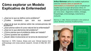 Cómo explorar un Modelo
Explicativo de Enfermedad
• ¿Qué es lo que se define como problema?
• ¿Cuáles considera que son sus causas?
• ¿Qué es lo que se piensa sobre las consecuencias del
problema?
• ¿Qué piensa sobre el curso natural de la enfermedad?
• ¿Qué es lo que atemoriza del problema?
• ¿Cómo piensa que el problema debe ser tratado?
• ¿Cómo quisiera ser ayudado?
• ¿Quién debe involucrarse en la toma de decisiones?
Kleinman A. 1978. Culture, illness and cure: Clinical lesions from
anthropologic and cross-cultural research. Annals Int Med 88: 251-
258.
Arthur Kleinman define los modelos explicativos
como las nociones sobre un episodio de
enfermedad y su tratamiento que es empleado por
aquéllos que se ocupan del proceso clínico. El
modelo explicativo de enfermedad está compuesto
por cinco áreas : diagnóstico médico, etiología,
fisiopatología, sintomatología, tratamiento y
evolución.
Kleinman, A. 1981. Patients and healers in the context of
culture. Berkeley: University of California Press.
 