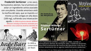 Frederich Sertürner (1783-1841),
farmacéutico alemán, fue el primero en
aislar un ingrediente activo asociado
con una planta. Usando amoníaco aisló
la morfina del opio, que se inyectó a sí
mismo y a tres amigos en alta dosis
(100 mg), sufriendo una intoxicación
aguda. En 1818 el químico alemán Wilhelm
Meissner introdujo el término alcaloide para
denominar a las sustancias alcalinas extraídas de
plantas.
En 1898 se
comercializó
por Bayer.
“Un importante cambio (…) surgió en 1805, cuando un
farmacéutico alemán de veintitres años, Friederich Sertürner,
describió la extracción de morfina del opio bruto. Este fue el
primer aislamiento de un agente medicinal puro y poderoso.”
M. Silvermann y P. R. Lee: Píldoras, ganancias y política Siglo XXI, México, 1983: 17.
 