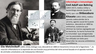 Infectología e inmunología
Emil Adolf von Behring
(1854-1917), médico militar y
bacteriólogo alemán (pupilo de
Koch), que -con Shibasaburo
Kitasato (1852-1931), médico
japonés codescubridor de la
yersinia, agente causal de la peste
bubónica-, descubrió en 1890 las
antitoxinas, sustancias que
eliminan las toxinas segregadas por
las bacterias. Su teoría humoral de
la inmunidad –que antagonizaba
con los postulados de Metchinikoff,
fue utilizada con éxito para
desarrollar las vacunas antitetánica
y antififtérica.
Elie Metchnikoff (1845-1916), biólogo ruso, descubrió en 1883 el mecanismo inmune de la fagocitosis: “…la
reacción inflamatoria es la expresión de una función muy primitiva del reino animal basada en el aparato nutritivo
de animales unicelulares y de metazoarios inferiores”.
 