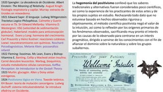 1920 Spengler: La decadencia de Occidente. Albert
Einstein: The Meaning of Relativity. August Krogh:
fisiología respiratoria y capilar. Murray: extracto de
tiroides en mixoedema.
1921 Edward Sapir: El lenguaje. Ludwig Wittgenstein:
Tractatus Logico Philsophicus. Calmette y Guerin
vacuna vs Tb. Sir Edward Mellanby: Vitamina D.
Westergren: VSG (velocidad de sedimentación
globular). Haberland: modelo para anticoncepción
hormonal. Evans y Long: hormona del crecimiento.
Carl Prausnitz y Heinz Kustner: reacciones cutáneas.
Loewi: neurotransmisores son químicos. Roschard:
Psicodiagnósticos. Melanie Klein: psicoanálisis
infantil
1922 Fleming: lisozimas. Mc Lean, Evans y Bishop:
Vitamina E. Banting, Collip y Macleod aislan insulina.
Carrel descubre leucocitos. Warbug, bioquimico,
estudia metabolismo células cancerosas. Koffka:
Perception: An Introduction to the Gestalt Theory.
1923 Murlin: glucagón. Allen y Doisy aíslan
estrógenos.
1924 Positivismo lógico en Viena. Toxoide tetánico.
KH Bauer: teoria de mutación cancerígena. Ludwig
Aschoff: sistema reticuloendotelial. Se introduce
efedrina en Occidente.
La hegemonía del positivismo conllevó que los saberes
tradicionales y alternativos fueran considerados poco científicos,
así como la experiencia de los practicantes de estas artes y de
los propios sujetos en estudio. Rechazando todo dato que no
estuviese basado en hechos observados rigurosa y
objetivamente, el método científico positivista negó el valor de
la intuición, así como la reflexión por los orígenes primarios de
los fenómenos observados, sacrificando muy pronto el interés
por las causas de lo observado para centrarse en un interés
pragmático, dirigido a servirse de los conocimientos con el fin de
afianzar el dominio sobre la naturaleza y sobre los grupos
subalternos.
 