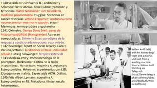 1940 Se aisla virus influenza B. Landsteiner y
Solomon: factor Rhesus. Rene Dubos: gramicidin y
tyrocidina. Viktor Weizsäcker: Der Gestalkreis,
medicina psicosomática. Huggins: hormonas en
cancer testicular. Vittorio Erspamer: serotonina como
neurotrasmisor intestinal y vascular. Braun-
Menendez: renina produce angiotensina
1941 Oxímetro. George Davis Snell: genes de
histocompatibilidad (transplantes) Aparecen
computadoras. Skinner y Estes: paradigma de la
respuesta condicionada emocional y por miedo.
1942 Beveridge: Report on Social Security. Curare.
Vacuna pertussis. Landsteiner y Chase: inmunidad
celular. Ludwig Binswanger: Terapia Existencial
1943 Merleau-Ponty: Phénoménologie de la
perception. Horkheimer: Crítica de la razón
instrumental. Henrik Dam: Vitamina K. Waksman:
Estreptomicina. Hofmann: experimentos con LSD.
Cloroquina en malaria. Sayers aisla ACTH. Diálisis.
1945 Fritz Albert Lipmann: coenzima A.
Estreptomicina en TB. Metadona. Kinsey: escala
heterosexual.
Willem Kolff (left)
with his 'kidney boys'
team and a dialysis
unit built from a
washing machine.
Source: Willem Kolff
Stichting via
Telegraph
(https://www.telegra
ph.co.uk/news/obitu
aries/4604625/Wille
m-Kolff.html)
 