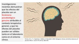 Investigaciones
recientes demuestran
que los efectos del
placebo son un
fenómeno
psicobiológico
genuino atribuible al
contexto terapéutico
general, y que los
efectos del placebo
pueden ser sólidos
tanto en el laboratorio
como en el entorno
clínico. Finniss, D. G., T. J. Kaptchuk, F. Miller y F. Benedetti. 2010. Biological, clinical, and ethical advances of
placebo effects. Lancet 375 (9715): 686–695.
 