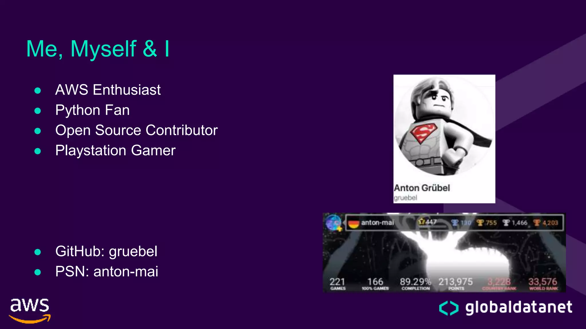 Me, Myself & I
● AWS Enthusiast
● Python Fan
● Open Source Contributor
● Playstation Gamer
● GitHub: gruebel
● PSN: anton-mai
 