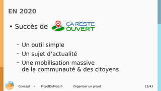 Concept ProjetDuMois.fr Organiser un projet 12/43
EN 2020
●
Succès de
– Un outil simple
– Un sujet d’actualité
– Une mobil...