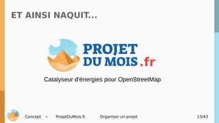 Concept ProjetDuMois.fr Organiser un projet 13/43
ET AINSI NAQUIT...
.fr
Catalyseur d'énergies pour OpenStreetMap
 
