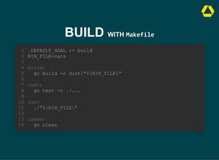 BUILD WITH Makefile
build:
go build -o dist/"${BIN_FILE}"
.DEFAULT_GOAL := build
1
BIN_FILE=cats
2
3
4
5
6
test:
7
go test -v ./...
8
9
run:
10
./"${BIN_FILE}"
11
12
clean:
13
go clean
14
test:
go test -v ./...
.DEFAULT_GOAL := build
1
BIN_FILE=cats
2
3
build:
4
go build -o dist/"${BIN_FILE}"
5
6
7
8
9
run:
10
./"${BIN_FILE}"
11
12
clean:
13
go clean
14
run:
./"${BIN_FILE}"
.DEFAULT_GOAL := build
1
BIN_FILE=cats
2
3
build:
4
go build -o dist/"${BIN_FILE}"
5
6
test:
7
go test -v ./...
8
9
10
11
12
clean:
13
go clean
14
clean:
go clean
.DEFAULT_GOAL := build
1
BIN_FILE=cats
2
3
build:
4
go build -o dist/"${BIN_FILE}"
5
6
test:
7
go test -v ./...
8
9
run:
10
./"${BIN_FILE}"
11
12
13
14
.DEFAULT_GOAL := build
BIN_FILE=cats
build:
go build -o dist/"${BIN_FILE}"
test:
go test -v ./...
run:
./"${BIN_FILE}"
clean:
go clean
1
2
3
4
5
6
7
8
9
10
11
12
13
14
 