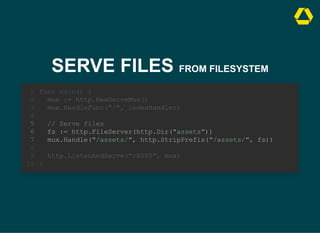 SERVE FILES FROM FILESYSTEM
// Serve files
fs := http.FileServer(http.Dir("assets"))
mux.Handle("/assets/", http.StripPrefix("/assets/", fs))
func main() {
1
mux := http.NewServeMux()
2
mux.HandleFunc("/", indexHandler)
3
4
5
6
7
8
http.ListenAndServe(":8080", mux)
9
}
10
 