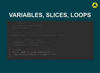VARIABLES, SLICES, LOOPS
// Variable
var kitty string = "Kitty"
bella := "Bella"
1
2
3
4
// Array (fixed length)
5
namesArray := [3]string{kitty, bella, "Cleo"}
6
7
// Slice (variable length)
8
namesSlice := make([]string, 2)
9
namesSlice[0] = kitty
10
11
// Loop
12
for i, name := range namesSlice {
13
fmt.Println("Hello " + name + "!")
14
}
15
// Array (fixed length)
namesArray := [3]string{kitty, bella, "Cleo"}
// Variable
1
var kitty string = "Kitty"
2
bella := "Bella"
3
4
5
6
7
// Slice (variable length)
8
namesSlice := make([]string, 2)
9
namesSlice[0] = kitty
10
11
// Loop
12
for i, name := range namesSlice {
13
fmt.Println("Hello " + name + "!")
14
}
15
// Slice (variable length)
namesSlice := make([]string, 2)
namesSlice[0] = kitty
// Variable
1
var kitty string = "Kitty"
2
bella := "Bella"
3
4
// Array (fixed length)
5
namesArray := [3]string{kitty, bella, "Cleo"}
6
7
8
9
10
11
// Loop
12
for i, name := range namesSlice {
13
fmt.Println("Hello " + name + "!")
14
}
15
// Loop
for i, name := range namesSlice {
fmt.Println("Hello " + name + "!")
}
// Variable
1
var kitty string = "Kitty"
2
bella := "Bella"
3
4
// Array (fixed length)
5
namesArray := [3]string{kitty, bella, "Cleo"}
6
7
// Slice (variable length)
8
namesSlice := make([]string, 2)
9
namesSlice[0] = kitty
10
11
12
13
14
15
 
