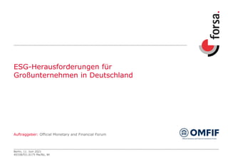 ESG-Herausforderungen für
Großunternehmen in Deutschland
Auftraggeber: Official Monetary and Financial Forum
Berlin, 11. Juni 2021
40338/f21.0175 Ma/Bü, Wi
 