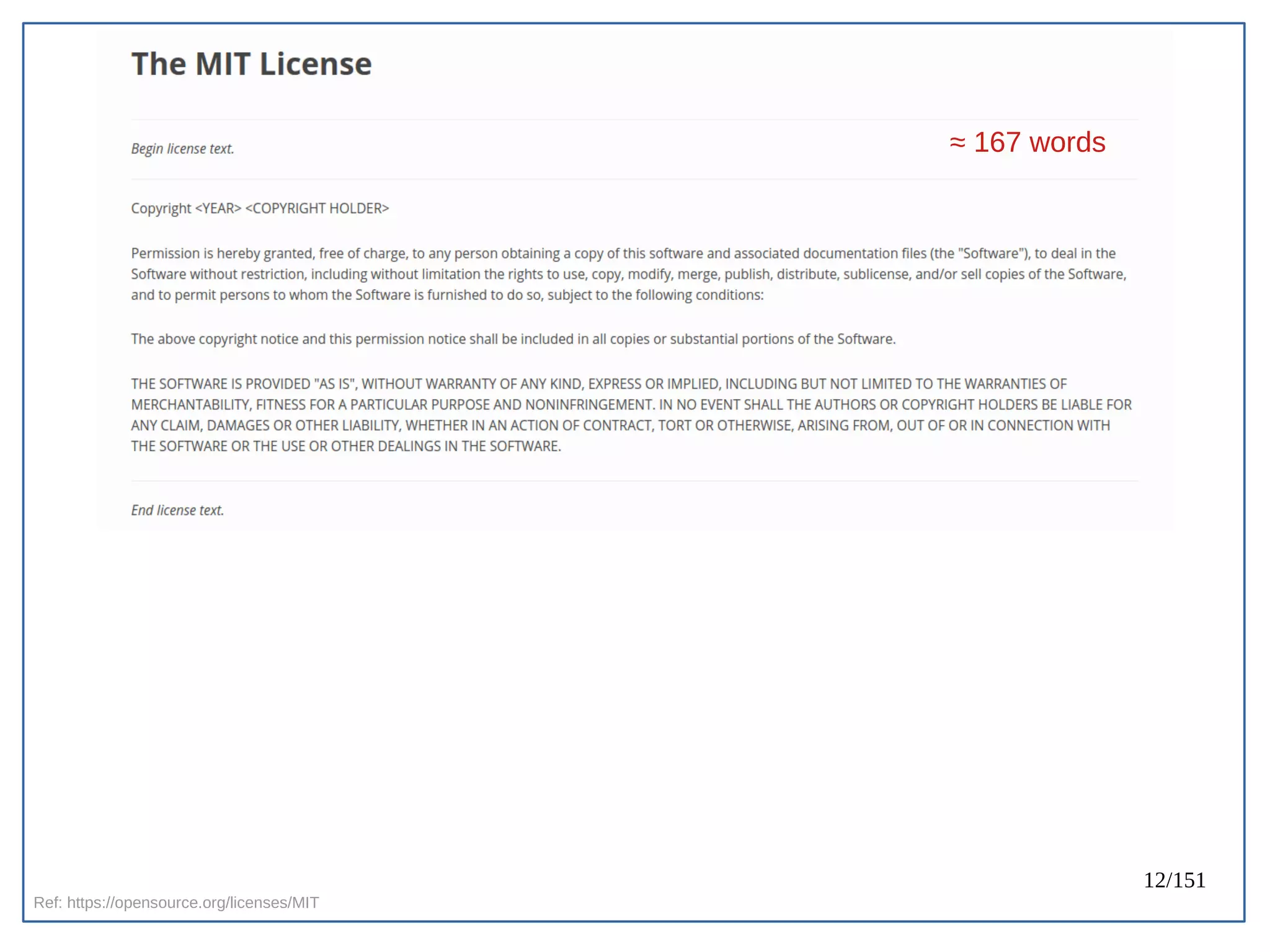 12/151
Ref: https://opensource.org/licenses/MIT
≈ 167 words
 