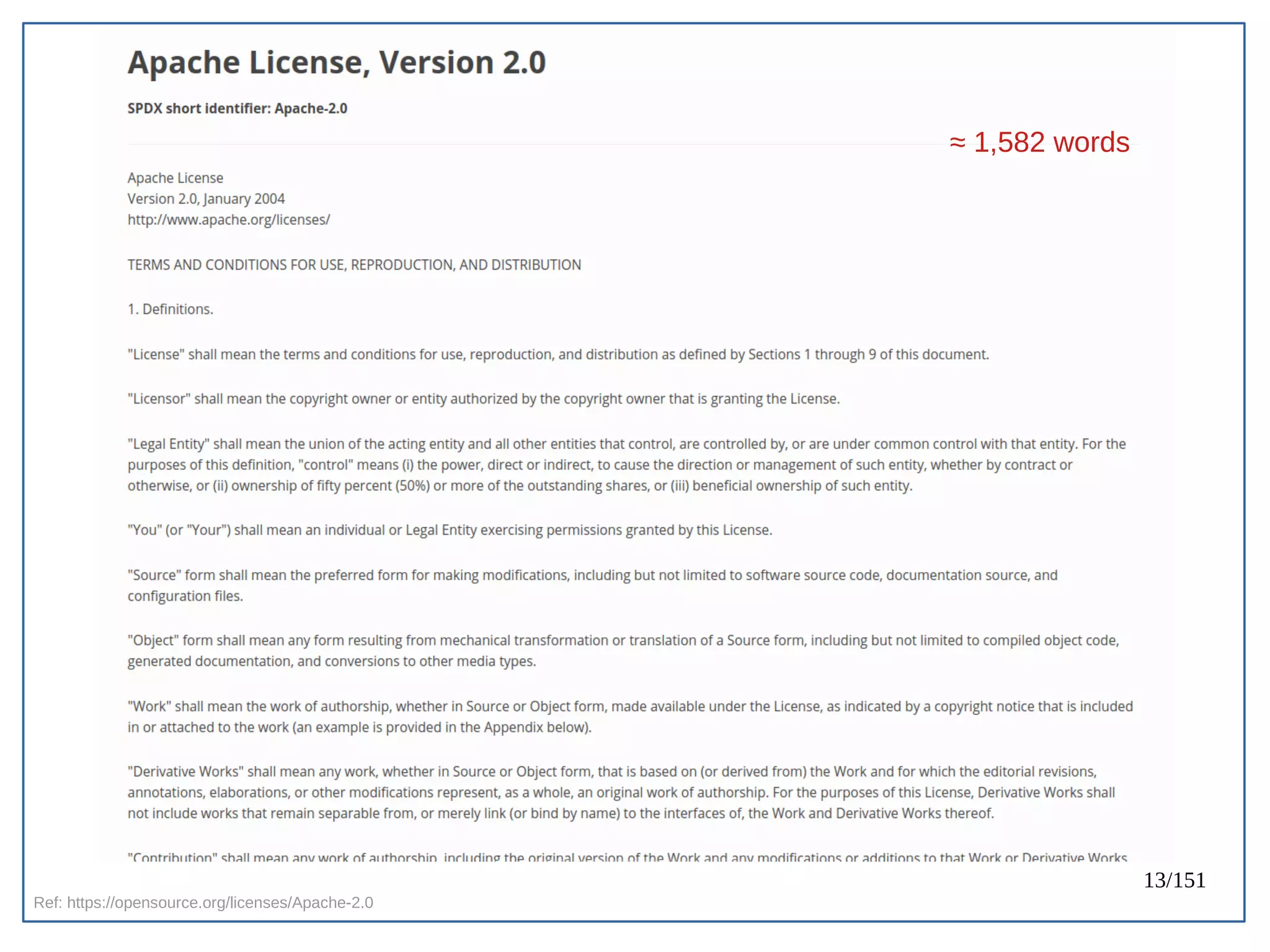 13/151
Ref: https://opensource.org/licenses/Apache-2.0
≈ 1,582 words
 