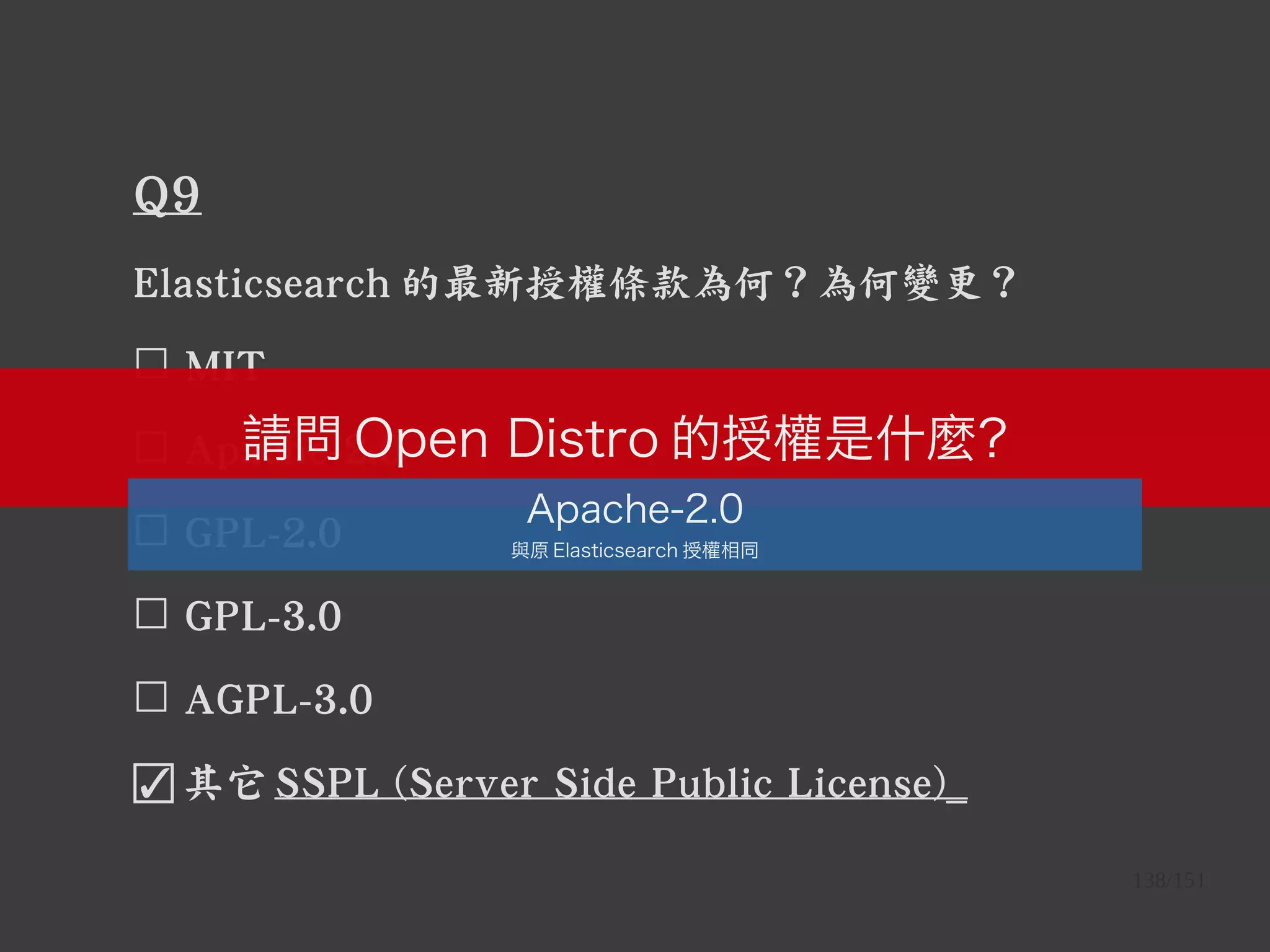 138/151
Q9
Elasticsearch 的最新授權條款為何？為何變更？
☐ MIT
☐ Apache-2.0
☐ GPL-2.0
☐ GPL-3.0
☐ AGPL-3.0
☑ 其它 SSPL (Server Side Public License)_
請問 Open Distro 的授權是什麼？
Apache-2.0
與原 Elasticsearch 授權相同
 