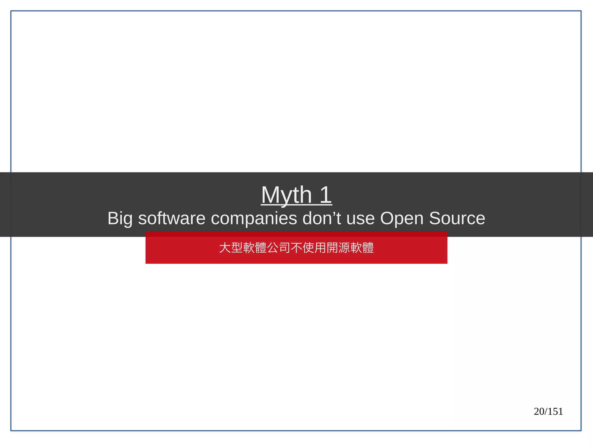 20/151
Myth 1
Big software companies don’t use Open Source
大型軟體公司不使用開源軟體
 