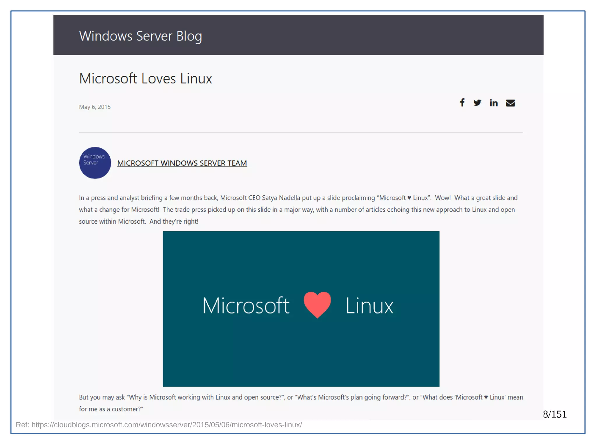28/151
Ref: https://cloudblogs.microsoft.com/windowsserver/2015/05/06/microsoft-loves-linux/
 