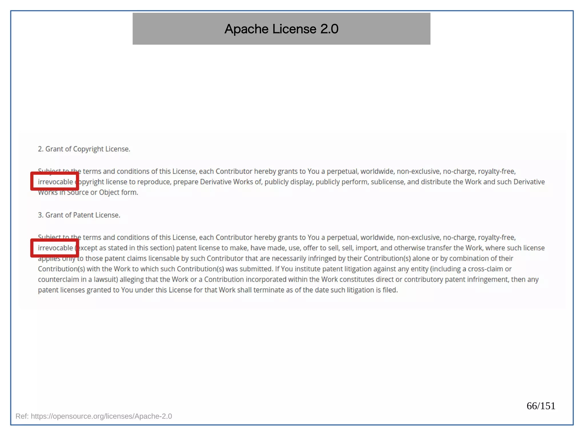 66/151
Ref: https://opensource.org/licenses/Apache-2.0
Apache License 2.0
 