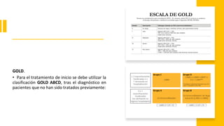 GOLD.
• Para el tratamiento de inicio se debe utilizar la
clasificación GOLD ABCD, tras el diagnóstico en
pacientes que no han sido tratados previamente:
 