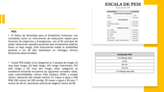 • Escala PESI (tabla 1) se categorizó en 5 grupos de riesgo: (I)
muy bajo riesgo, (II) bajo riesgo, (III) riesgo intermedio, (IV)
alto riesgo y (V) muy alto riesgo; estas categorías se
establecen teniendo encuentra las siguientes variables: edad,
sexo; comorbilidades: cáncer, falla cardiaca, EPOC; y estado
clínico: alteración del estado mental, FC mayor o igual a 100
lPM, PAS menor de 100 mmHg, FR mayor o igual a 30 rpm, T
menor de 36 oC, saturación arterial de oxígeno menor de 90.
PESI.
• El Índice de Severidad para el Embolismo Pulmonar, fue
concebido como un instrumento de evaluación rápida para
Servicios de Urgencias y Emergencias, con el fin principal de
poder seleccionar aquellos pacientes que inicialmente podrían
tener un bajo riesgo. Este instrumento medía la mortalidad
prevista a los 30 días basándose en hallazgos clínicos
fácilmente determinables.
 