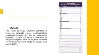 CRUSADE.
• La escala de riesgo CRUSADE cuantifica el
riesgo de sangrado mayor intrahospitalario
independientemente del tipo de tratamiento
empleado, lo que nos ayuda a establecer el
riesgo de sangrado basal de aquellos pacientes
con síndrome coronario agudo sin elevación del
segmento ST.
 
