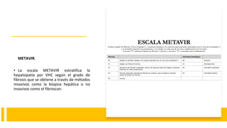 METAVIR.
• La escala METAVIR estratifica la
hepatopatía por VHC según el grado de
fibrosis que se obtiene a través de métodos
invasivos como la biopsia hepática o no
invasivos como el fibroscan.
 