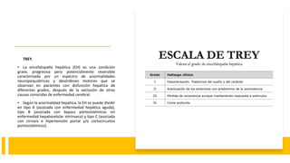 TREY.
• La encefalopatía hepática (EH) es una condición
grave, progresiva pero potencialmente reversible
caracterizada por un espectro de anormalidades
neuropsiquiátricas y desórdenes motores que se
observan en pacientes con disfunción hepática de
diferentes grados, después de la exclusión de otras
causas conocidas de enfermedad cerebral.
• Según la anormalidad hepática, la EH se puede dividir
en tipo A (asociada con enfermedad hepática aguda),
tipo B (asociada con bypass portosistémicos sin
enfermedad hepatocelular intrínseca) y tipo C (asociada
con cirrosis e hipertensión portal y/o cortocircuitos
portosistémicos).
 