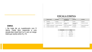 EMINA.
• Se trata de un cuestionario con 5
ítems. Cada ítem responde a una
escala tipo Likert de 0 a 3, con un rango
total que oscila entre 0 y 15.
 