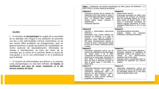 OLLERO.
• El concepto de pluripatología ha surgido de la necesidad
de un abordaje más integral a una población de pacientes
con dos o más enfermedades crónicas sintomáticas, en las
que resulta difícil establecer los protagonismos, pues en
general presentan un grado equivalente de complejidad, con
similar potencial de desestabilización, dificultades de
manejo e interrelaciones. Se trata, por tanto, de un
concepto que se centra en el paciente desde un punto de
vista global, y no en una enfermedad ni en el profesional
que lo atiende.
• El conjunto de enfermedades que definen a un paciente
como pluripatologico no está bien definido. En España, la
clasificación que goza de mayor aceptación es la del
Servicio Andaluz de Salud.
 