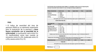 PASI.
• El índice de severidad del área de
psoriasis (PASI) es un elemento importante
para la evaluación de la psoriasis y tiene
buena correlación con la severidad de la
enfermedad; su puntuación varía entre 0 y
72 clasificándose como leve cuando se
encuentra entre 0 y 20, moderada entre 21
y 50 y severa entre 51 y 72.
 