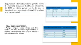 ASMA (PULMONARY SCORE).
• Aunque ninguna escala clínica está bien
validada a la hora de valorar la gravedad de un
episodio, el Pulmonary Score (PS) es sencillo y
aplicable a todas las edades.
Se puntúa de 0 a 3 en cada una de los apartados (mínimo
0 - máximo 9). En ausencia de sibilancias si la actividad
del ECM es máxima puntuar con 3. En caso de
discordancia entre la puntuación clínica y SO2 se utilizará
la de mayor gravedad.
 