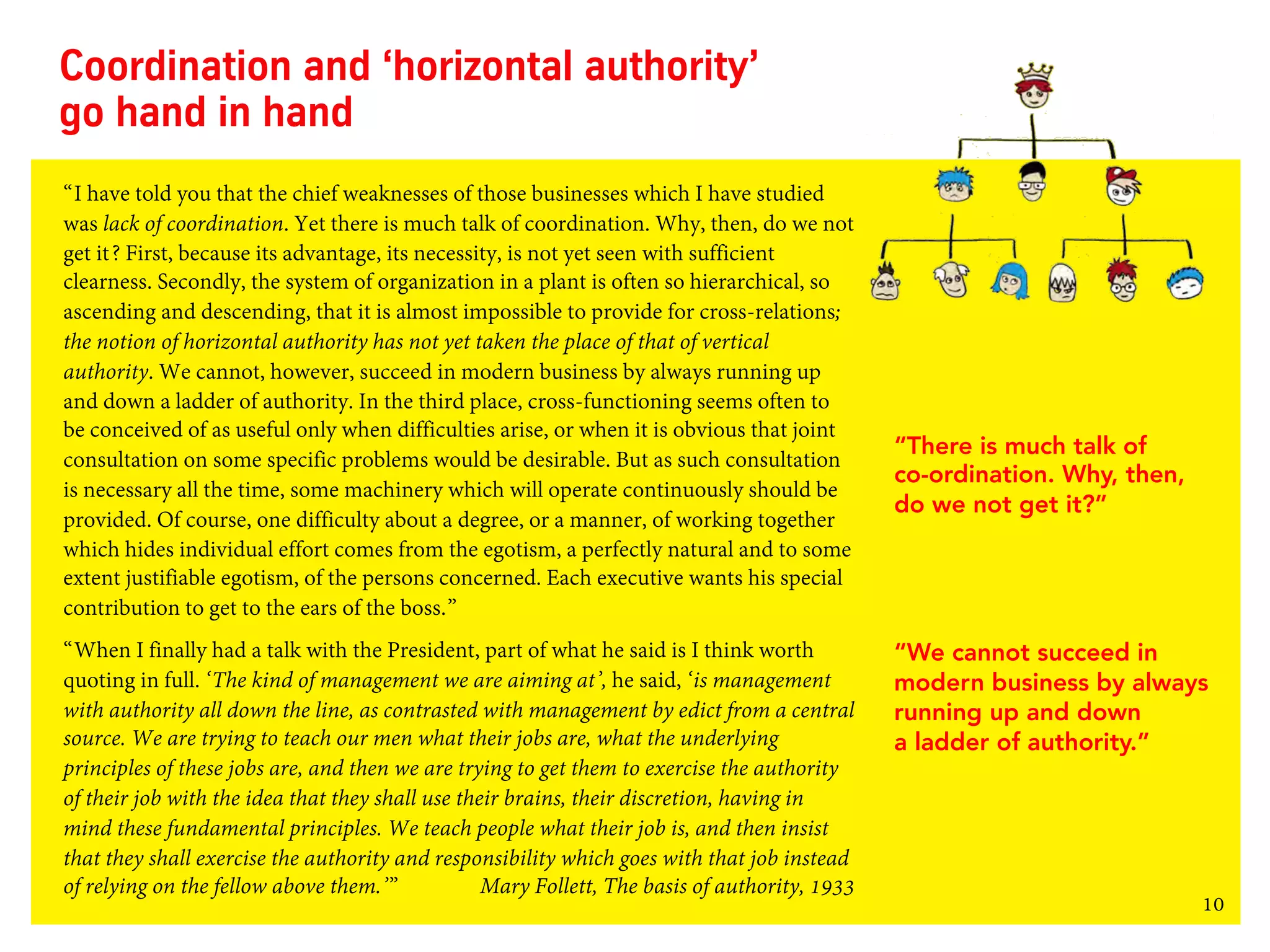 10
Coordination and ‘horizontal authority’
go hand in hand
“I have told you that the chief weaknesses of those businesses which I have studied
was lack of coordination. Yet there is much talk of coordination. Why, then, do we not
get it? First, because its advantage, its necessity, is not yet seen with sufficient
clearness. Secondly, the system of organization in a plant is often so hierarchical, so
ascending and descending, that it is almost impossible to provide for cross-relations;
the notion of horizontal authority has not yet taken the place of that of vertical
authority. We cannot, however, succeed in modern business by always running up
and down a ladder of authority. In the third place, cross-functioning seems often to
be conceived of as useful only when difficulties arise, or when it is obvious that joint
consultation on some specific problems would be desirable. But as such consultation
is necessary all the time, some machinery which will operate continuously should be
provided. Of course, one difficulty about a degree, or a manner, of working together
which hides individual effort comes from the egotism, a perfectly natural and to some
extent justifiable egotism, of the persons concerned. Each executive wants his special
contribution to get to the ears of the boss.”
“When I finally had a talk with the President, part of what he said is I think worth
quoting in full. ‘The kind of management we are aiming at’, he said, ‘is management
with authority all down the line, as contrasted with management by edict from a central
source. We are trying to teach our men what their jobs are, what the underlying
principles of these jobs are, and then we are trying to get them to exercise the authority
of their job with the idea that they shall use their brains, their discretion, having in
mind these fundamental principles. We teach people what their job is, and then insist
that they shall exercise the authority and responsibility which goes with that job instead
of relying on the fellow above them.’” Mary Follett, The basis of authority, 1933
“There is much talk of
co-ordination. Why, then,
do we not get it?”
“We cannot succeed in
modern business by always
running up and down
a ladder of authority.”
 