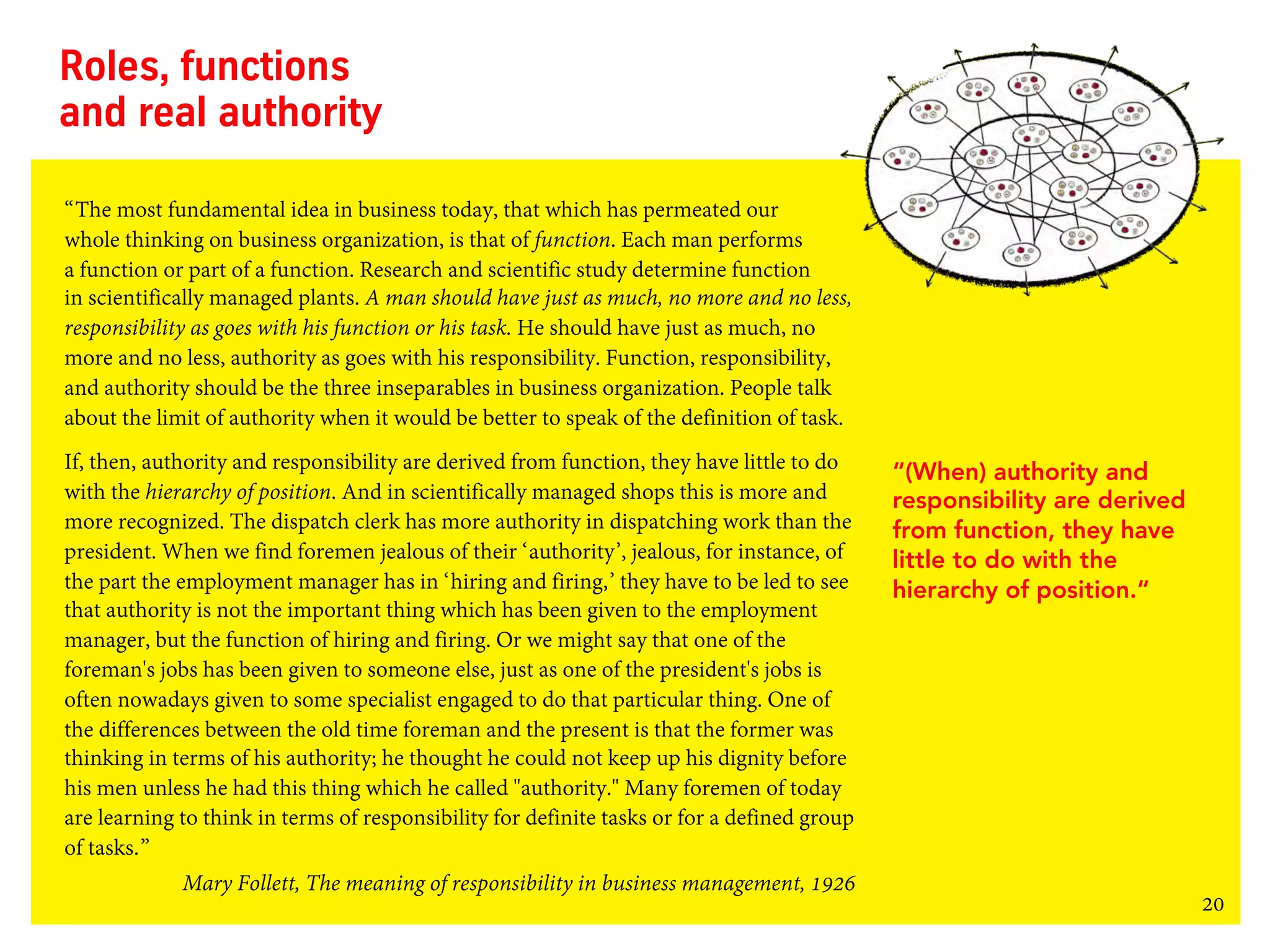 20
Roles, functions
and real authority
“The most fundamental idea in business today, that which has permeated our
whole thinking on business organization, is that of function. Each man performs
a function or part of a function. Research and scientific study determine function
in scientifically managed plants. A man should have just as much, no more and no less,
responsibility as goes with his function or his task. He should have just as much, no
more and no less, authority as goes with his responsibility. Function, responsibility,
and authority should be the three inseparables in business organization. People talk
about the limit of authority when it would be better to speak of the definition of task.
If, then, authority and responsibility are derived from function, they have little to do
with the hierarchy of position. And in scientifically managed shops this is more and
more recognized. The dispatch clerk has more authority in dispatching work than the
president. When we find foremen jealous of their ‘authority’, jealous, for instance, of
the part the employment manager has in ‘hiring and firing,’ they have to be led to see
that authority is not the important thing which has been given to the employment
manager, but the function of hiring and firing. Or we might say that one of the
foreman's jobs has been given to someone else, just as one of the president's jobs is
often nowadays given to some specialist engaged to do that particular thing. One of
the differences between the old time foreman and the present is that the former was
thinking in terms of his authority; he thought he could not keep up his dignity before
his men unless he had this thing which he called "authority." Many foremen of today
are learning to think in terms of responsibility for definite tasks or for a defined group
of tasks.”
Mary Follett, The meaning of responsibility in business management, 1926
“(When) authority and
responsibility are derived
from function, they have
little to do with the
hierarchy of position.“
 