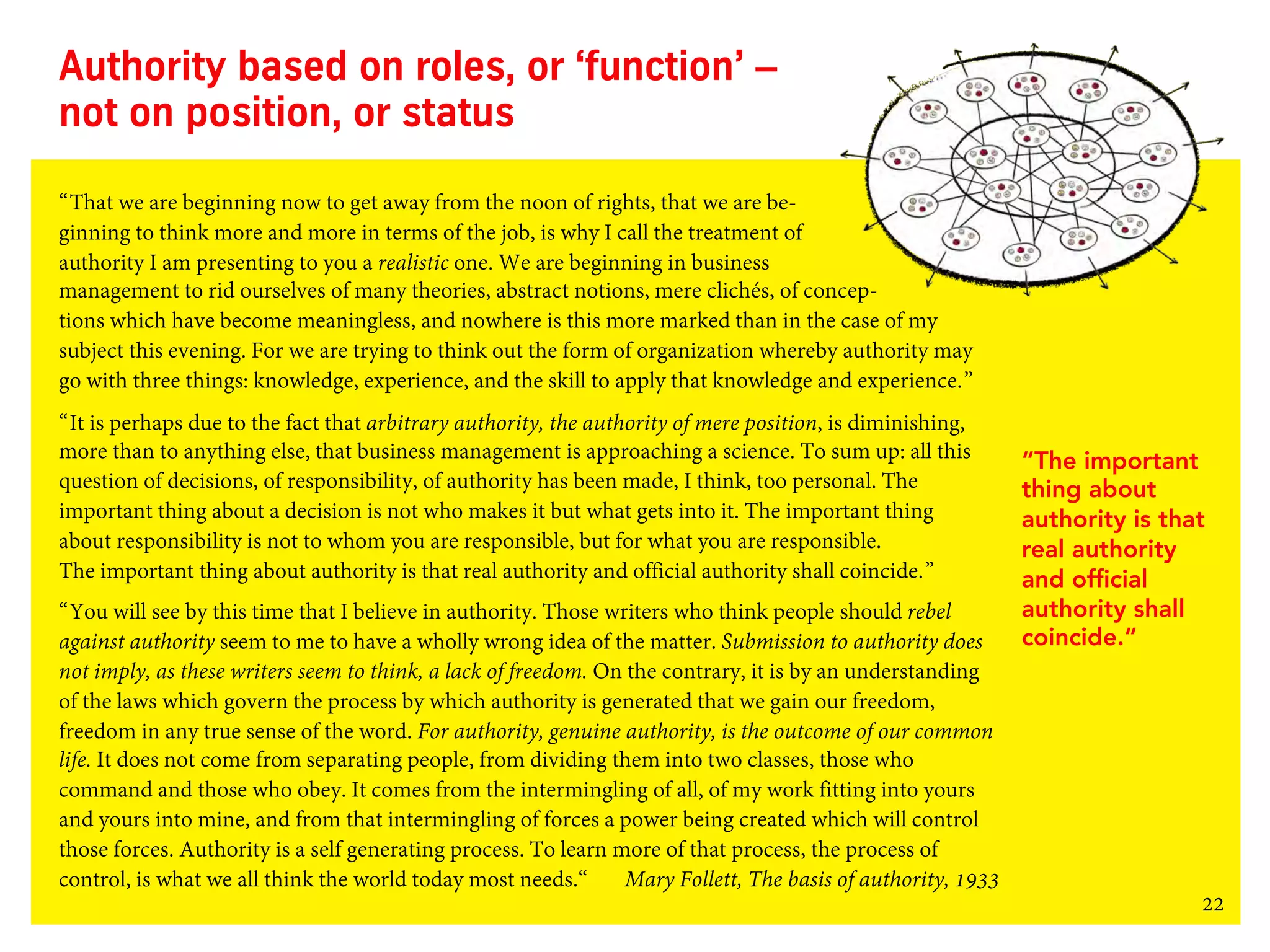 22
Authority based on roles, or ‘function’ –
not on position, or status
“That we are beginning now to get away from the noon of rights, that we are be-
ginning to think more and more in terms of the job, is why I call the treatment of
authority I am presenting to you a realistic one. We are beginning in business
management to rid ourselves of many theories, abstract notions, mere clichés, of concep-
tions which have become meaningless, and nowhere is this more marked than in the case of my
subject this evening. For we are trying to think out the form of organization whereby authority may
go with three things: knowledge, experience, and the skill to apply that knowledge and experience.”
“It is perhaps due to the fact that arbitrary authority, the authority of mere position, is diminishing,
more than to anything else, that business management is approaching a science. To sum up: all this
question of decisions, of responsibility, of authority has been made, I think, too personal. The
important thing about a decision is not who makes it but what gets into it. The important thing
about responsibility is not to whom you are responsible, but for what you are responsible.
The important thing about authority is that real authority and official authority shall coincide.”
“You will see by this time that I believe in authority. Those writers who think people should rebel
against authority seem to me to have a wholly wrong idea of the matter. Submission to authority does
not imply, as these writers seem to think, a lack of freedom. On the contrary, it is by an understanding
of the laws which govern the process by which authority is generated that we gain our freedom,
freedom in any true sense of the word. For authority, genuine authority, is the outcome of our common
life. It does not come from separating people, from dividing them into two classes, those who
command and those who obey. It comes from the intermingling of all, of my work fitting into yours
and yours into mine, and from that intermingling of forces a power being created which will control
those forces. Authority is a self generating process. To learn more of that process, the process of
control, is what we all think the world today most needs.“ Mary Follett, The basis of authority, 1933
“The important
thing about
authority is that
real authority
and official
authority shall
coincide.“
 