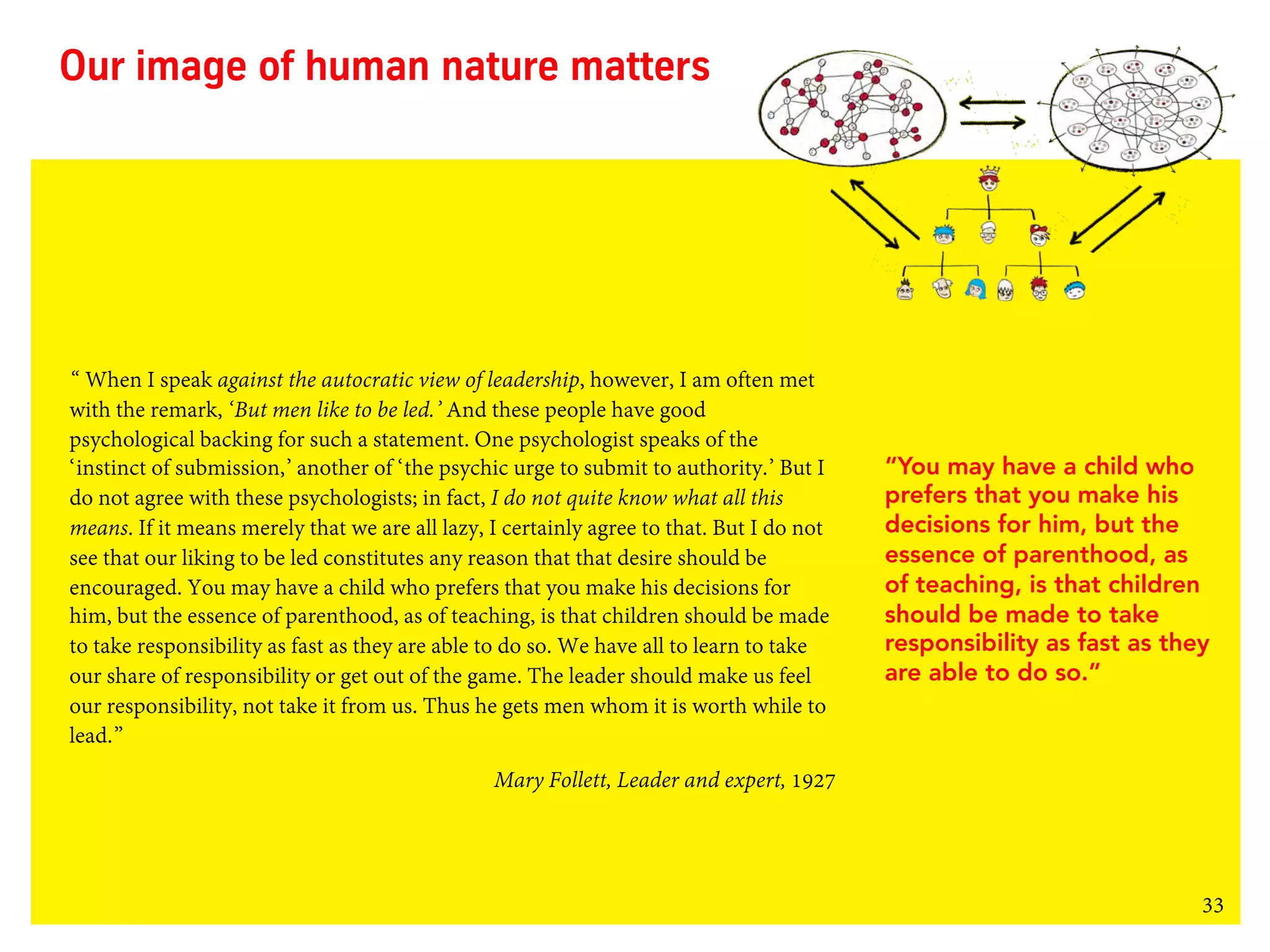 33
Our image of human nature matters
“ When I speak against the autocratic view of leadership, however, I am often met
with the remark, ‘But men like to be led.’ And these people have good
psychological backing for such a statement. One psychologist speaks of the
‘instinct of submission,’ another of ‘the psychic urge to submit to authority.’ But I
do not agree with these psychologists; in fact, I do not quite know what all this
means. If it means merely that we are all lazy, I certainly agree to that. But I do not
see that our liking to be led constitutes any reason that that desire should be
encouraged. You may have a child who prefers that you make his decisions for
him, but the essence of parenthood, as of teaching, is that children should be made
to take responsibility as fast as they are able to do so. We have all to learn to take
our share of responsibility or get out of the game. The leader should make us feel
our responsibility, not take it from us. Thus he gets men whom it is worth while to
lead.”
Mary Follett, Leader and expert, 1927
“You may have a child who
prefers that you make his
decisions for him, but the
essence of parenthood, as
of teaching, is that children
should be made to take
responsibility as fast as they
are able to do so.”
 
