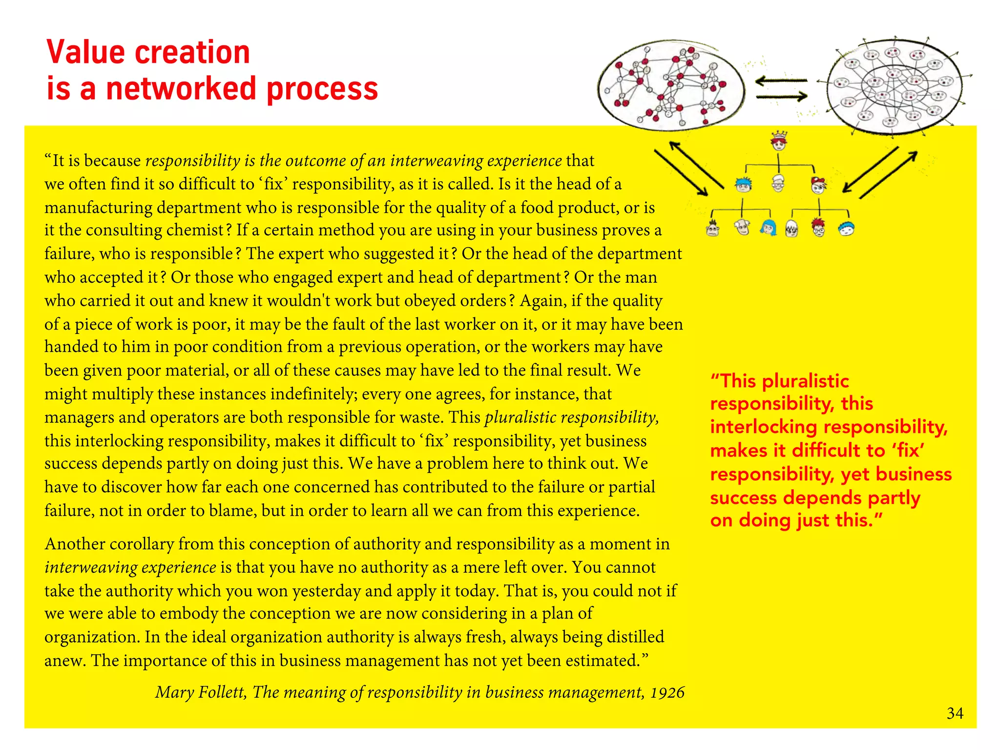 34
Value creation
is a networked process
“It is because responsibility is the outcome of an interweaving experience that
we often find it so difficult to ‘fix’ responsibility, as it is called. Is it the head of a
manufacturing department who is responsible for the quality of a food product, or is
it the consulting chemist? If a certain method you are using in your business proves a
failure, who is responsible? The expert who suggested it? Or the head of the department
who accepted it? Or those who engaged expert and head of department? Or the man
who carried it out and knew it wouldn't work but obeyed orders? Again, if the quality
of a piece of work is poor, it may be the fault of the last worker on it, or it may have been
handed to him in poor condition from a previous operation, or the workers may have
been given poor material, or all of these causes may have led to the final result. We
might multiply these instances indefinitely; every one agrees, for instance, that
managers and operators are both responsible for waste. This pluralistic responsibility,
this interlocking responsibility, makes it difficult to ‘fix’ responsibility, yet business
success depends partly on doing just this. We have a problem here to think out. We
have to discover how far each one concerned has contributed to the failure or partial
failure, not in order to blame, but in order to learn all we can from this experience.
Another corollary from this conception of authority and responsibility as a moment in
interweaving experience is that you have no authority as a mere left over. You cannot
take the authority which you won yesterday and apply it today. That is, you could not if
we were able to embody the conception we are now considering in a plan of
organization. In the ideal organization authority is always fresh, always being distilled
anew. The importance of this in business management has not yet been estimated.”
Mary Follett, The meaning of responsibility in business management, 1926
“This pluralistic
responsibility, this
interlocking responsibility,
makes it difficult to ‘fix’
responsibility, yet business
success depends partly
on doing just this.”
 