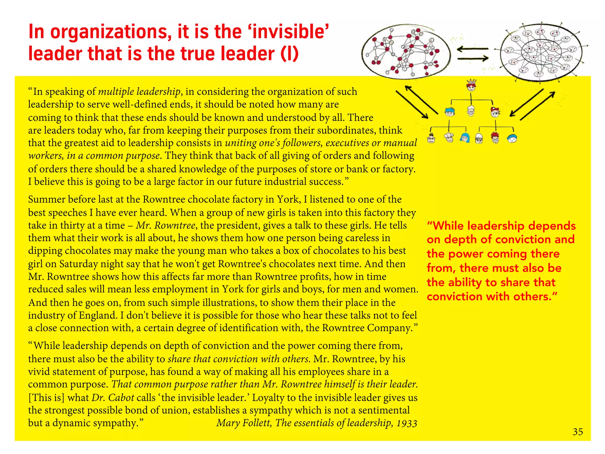 35
In organizations, it is the ‘invisible’
leader that is the true leader (I)
“In speaking of multiple leadership, in considering the organization of such
leadership to serve well-defined ends, it should be noted how many are
coming to think that these ends should be known and understood by all. There
are leaders today who, far from keeping their purposes from their subordinates, think
that the greatest aid to leadership consists in uniting one's followers, executives or manual
workers, in a common purpose. They think that back of all giving of orders and following
of orders there should be a shared knowledge of the purposes of store or bank or factory.
I believe this is going to be a large factor in our future industrial success.”
Summer before last at the Rowntree chocolate factory in York, I listened to one of the
best speeches I have ever heard. When a group of new girls is taken into this factory they
take in thirty at a time – Mr. Rowntree, the president, gives a talk to these girls. He tells
them what their work is all about, he shows them how one person being careless in
dipping chocolates may make the young man who takes a box of chocolates to his best
girl on Saturday night say that he won't get Rowntree's chocolates next time. And then
Mr. Rowntree shows how this affects far more than Rowntree profits, how in time
reduced sales will mean less employment in York for girls and boys, for men and women.
And then he goes on, from such simple illustrations, to show them their place in the
industry of England. I don't believe it is possible for those who hear these talks not to feel
a close connection with, a certain degree of identification with, the Rowntree Company.”
“While leadership depends on depth of conviction and the power coming there from,
there must also be the ability to share that conviction with others. Mr. Rowntree, by his
vivid statement of purpose, has found a way of making all his employees share in a
common purpose. That common purpose rather than Mr. Rowntree himself is their leader.
[This is] what Dr. Cabot calls ‘the invisible leader.’ Loyalty to the invisible leader gives us
the strongest possible bond of union, establishes a sympathy which is not a sentimental
but a dynamic sympathy.” Mary Follett, The essentials of leadership, 1933
“While leadership depends
on depth of conviction and
the power coming there
from, there must also be
the ability to share that
conviction with others.”
 