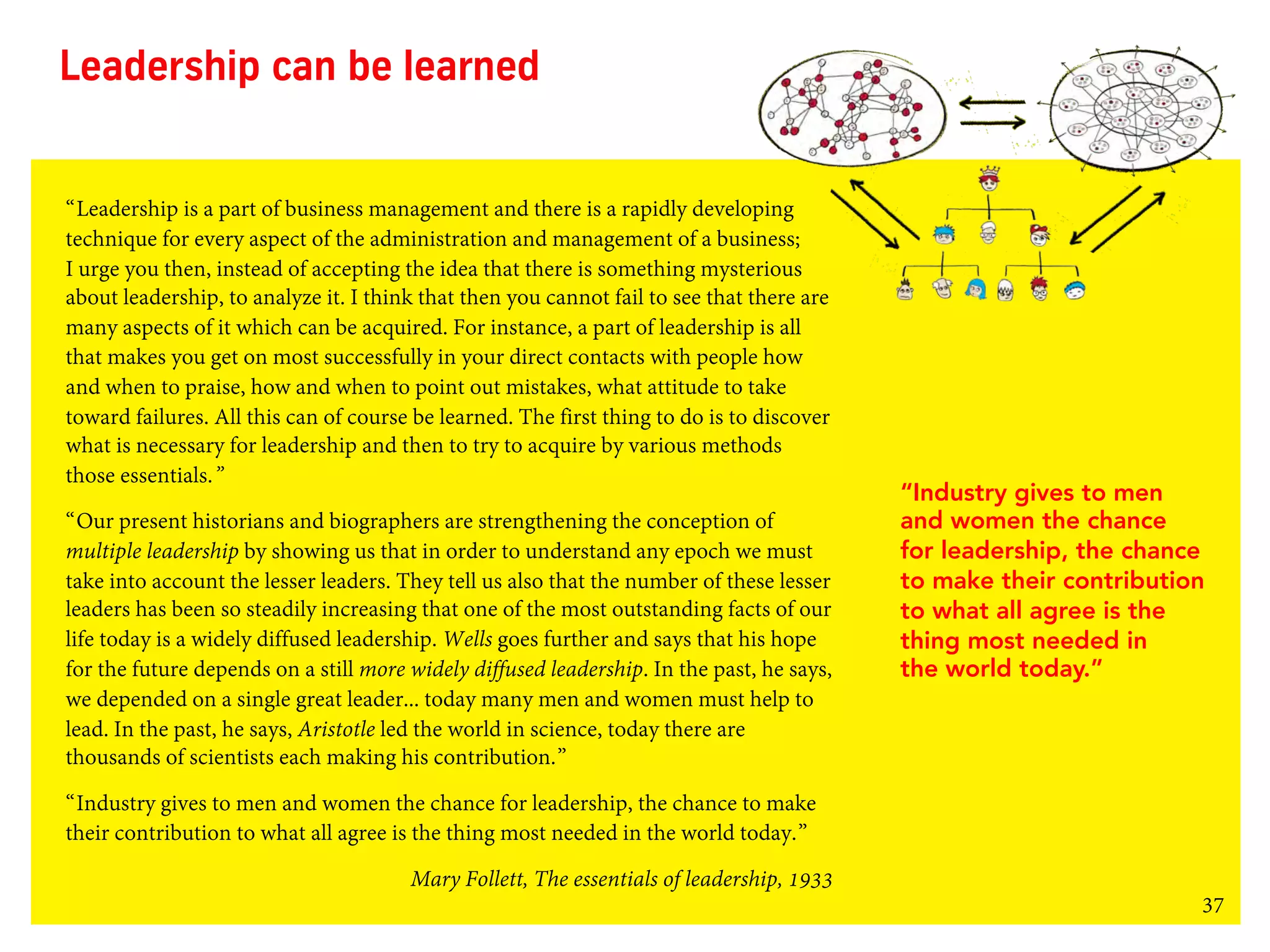 37
Leadership can be learned
“Leadership is a part of business management and there is a rapidly developing
technique for every aspect of the administration and management of a business;
I urge you then, instead of accepting the idea that there is something mysterious
about leadership, to analyze it. I think that then you cannot fail to see that there are
many aspects of it which can be acquired. For instance, a part of leadership is all
that makes you get on most successfully in your direct contacts with people how
and when to praise, how and when to point out mistakes, what attitude to take
toward failures. All this can of course be learned. The first thing to do is to discover
what is necessary for leadership and then to try to acquire by various methods
those essentials.”
“Our present historians and biographers are strengthening the conception of
multiple leadership by showing us that in order to understand any epoch we must
take into account the lesser leaders. They tell us also that the number of these lesser
leaders has been so steadily increasing that one of the most outstanding facts of our
life today is a widely diffused leadership. Wells goes further and says that his hope
for the future depends on a still more widely diffused leadership. In the past, he says,
we depended on a single great leader... today many men and women must help to
lead. In the past, he says, Aristotle led the world in science, today there are
thousands of scientists each making his contribution.”
“Industry gives to men and women the chance for leadership, the chance to make
their contribution to what all agree is the thing most needed in the world today.”
Mary Follett, The essentials of leadership, 1933
“Industry gives to men
and women the chance
for leadership, the chance
to make their contribution
to what all agree is the
thing most needed in
the world today.”
 