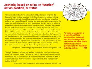 21
Authority based on roles, or ‘function’ –
not on position, or status
“This conception of authority as bound up with fun...