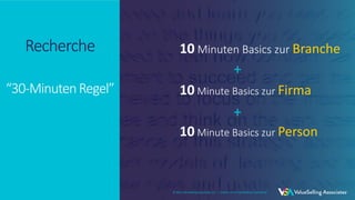 © 2021 ValueSelling Associates, Inc. | Creator of the ValueSelling Framework®
© 2021 ValueSelling Associates, Inc. | Creator of the ValueSelling Framework®
Recherche
“30-MinutenRegel”
© 2021 ValueSelling Associates, Inc. | Creator of the ValueSelling Framework®
10 Minuten Basics zur Branche
10 Minute Basics zur Firma
10 Minute Basics zur Person
+
+
 