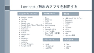 Low cost /oϤΥץä
GoogleΥץ꣨ץ룩
? Google Chrome
? Youtube
? Picasa
? Google map
? Google Earth/Moon/Mars/Sky
? Google Drive
? Calendar
? Cloud Print
? G-mail
? Google site
? U
? Hangouts
? Adwords
? Adsense
? Google Analytics
? Google trend
? Skype
? Chatwork
? Zoom
? OneDrive
? Amazon Drive
? iCloud
? Yahooܥå
? եܞ
? Giga File㣨
? Firestorage
ͬIΥץ k
? ֥֥..)
? Facebook
? Instagram
? Twitter
? Line
? Youtube
? Flickr
? LinkedIn
? Mixi
? ˥˥ӻ
ͥåȥå HP/Blog 
? BASE
? STORES JP
? AMAZON
? Wix
? Jimdo
? FC2
 