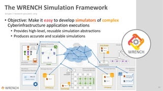 The WRENCH Simulation Framework
10
• Objective: Make it easy to develop simulators of complex
Cyberinfrastructure application executions
• Provides high-level, reusable simulation abstractions
• Produces accurate and scalable simulations
https://wrench-project.org
 