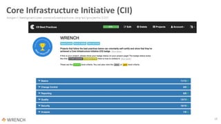 Core Infrastructure Initiative (CII)
18
https://bestpractices.coreinfrastructure.org/en/projects/2357
 