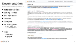 Documentation
• Installation Guide
• Getting started
• APIs reference
• Tutorials
• Examples
• Focused guides
• 101, 102, ...