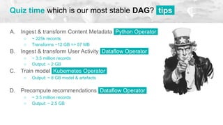 A. Ingest & transform Content Metadata Python Operator.
○ ~ 225k records
○ Transforms ~12 GB => 57 MB
B. Ingest & transform User Activity Dataflow Operator.
○ ~ 3.5 million records
○ Output: ~ 2 GB
C. Train model Kubernetes Operator.
○ Output: ~ 8 GB model & artefacts
○ lkj
D. Precompute recommendations Dataflow Operator.
○ ~ 3.5 million records
○ Output: ~ 2.5 GB
Quiz time which is our most stable DAG? tips.
 