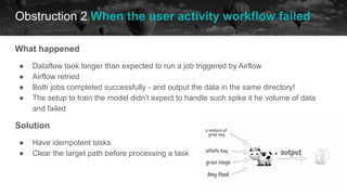 Obstruction 2 When the user activity workflow failed
historical data future
What happened
● Dataflow took longer than expected to run a job triggered by Airflow
● Airflow retried
● Both jobs completed successfully - and output the data in the same directory!
● The setup to train the model didn’t expect to handle such spike it he volume of data
and failed
Solution
● Have idempotent tasks
● Clear the target path before processing a task
 