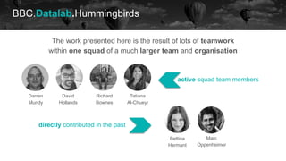 BBC.Datalab.Hummingbirds
The work presented here is the result of lots of teamwork
within one squad of a much larger team and organisation
active squad team members
directly contributed in the past
Darren
Mundy
David
Hollands
Richard
Bownes
Marc
Oppenheimer
Bettina
Hermant
Tatiana
Al-Chueyr
 