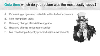 A. Processing programme metadata within Airflow executors
B. Non-idempotent tasks
C. Breaking change after Airflow upgrade
D. Breaking change in upstream service
E. Not monitoring efficiently pre-production environments
Quiz time which do you reckon was the most costly issue?
 