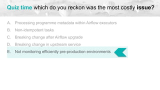 Quiz time which do you reckon was the most costly issue?
A. Processing programme metadata within Airflow executors
B. Non-idempotent tasks
C. Breaking change after Airflow upgrade
D. Breaking change in upstream service
E. Not monitoring efficiently pre-production environments
 