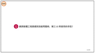 114/195
技術模式
網頁軟體工程師遇到效能問題時，第三 (!!) 常使用的手段？
Q
 