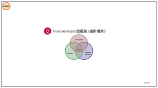 133/195
技術模式
Microservices( 微服務 ) 適用場景？
Latency
Memory
footprint
Trade-off
Throughput
Q
 