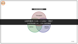 173/195
技術工具
Latency Memory
footprint
Trade-off
Throughput
程式語言的發展趨勢？
以前常看到 C10K / C100K ？現在？
系統同時承載 10K / 100K 的請求數量
 